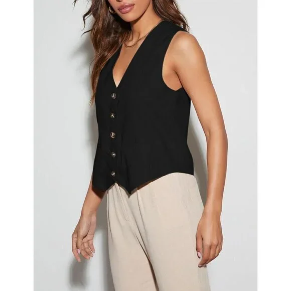 Womens Black Casual Button Down Sleeveless Vest Waistcoat with Pocket - Picture 3 of 6